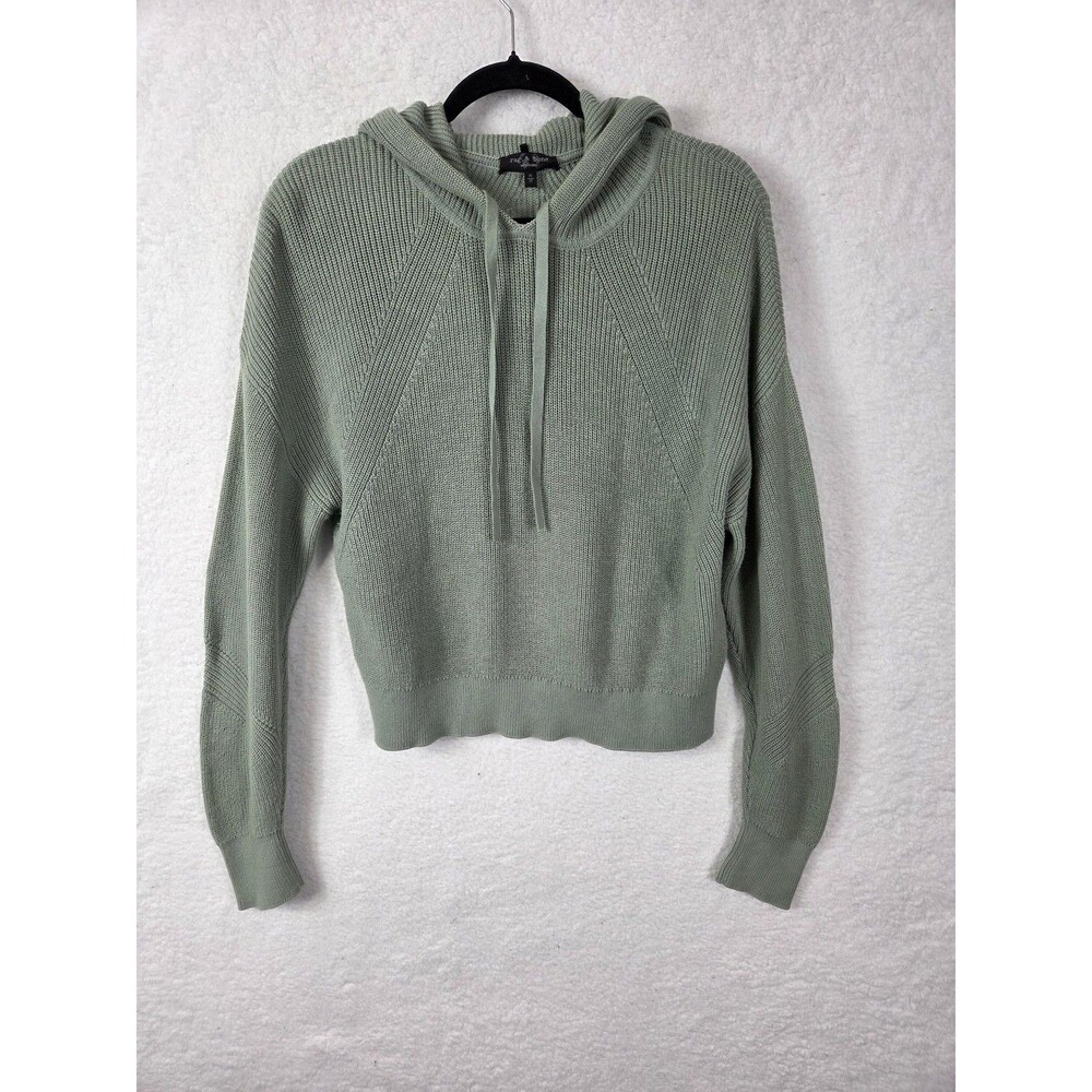 Rag & Bone Waffle Knit Hoodie Womens M Green Raglan Cotton Pullover Sweater